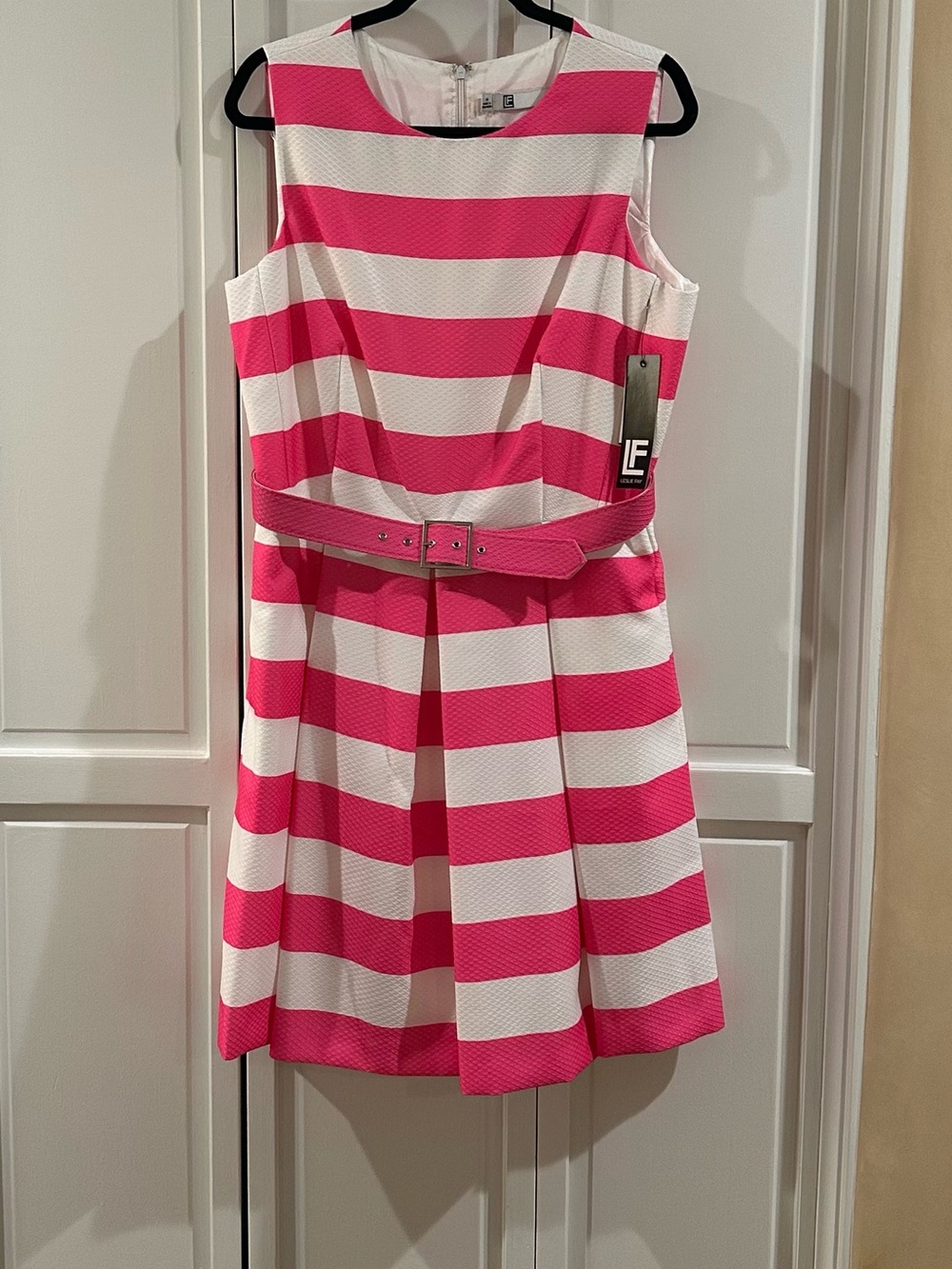 LF Leslie Fay Pink and White Striped Belted Dress, NWT, Size 14